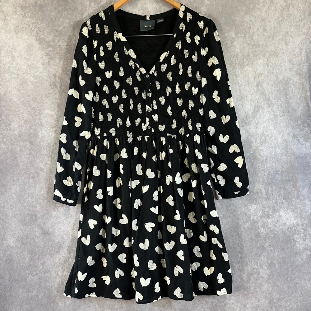 Maeve Mini Dress Womens Large Black Heart Print Smocked V-Neck Long Sleeve